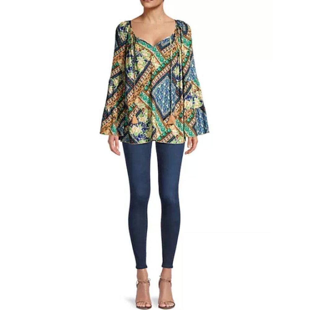 Johnny Was 'Miza' Patchwork-Print Bell-Sleeve Tunic Top, Multicolor